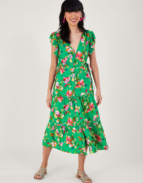 Lilou Floral Tea Dress in Sustainable Viscose, Green (GREEN), large