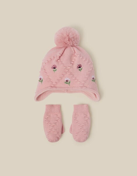 Baby Floral Trapper Hat & Mittens Set, Pink (PINK), large