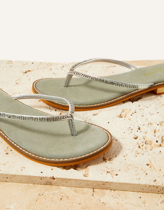 Embellished Trim Suede Toe-Post Sandals, Silver (SILVER), large
