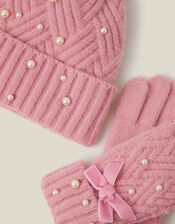 Pearl Cable Knit Bobble Hat & Gloves Set, Pink (PINK), large