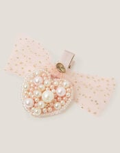 Pearl Heart Bow Hair Clip, , large