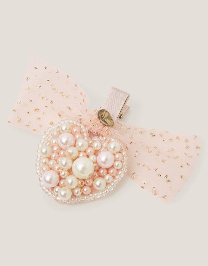 Pearl Heart Bow Hair Clip, , large
