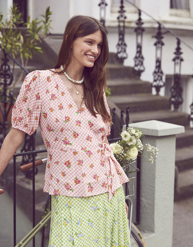 Gabriella Gingham Floral Wrap Top, Pink (PINK), large