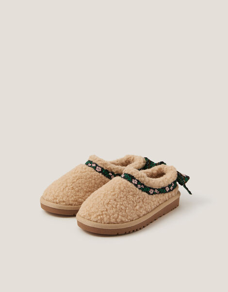 Floral Trim Borg Clogs, Tan (TAN), large