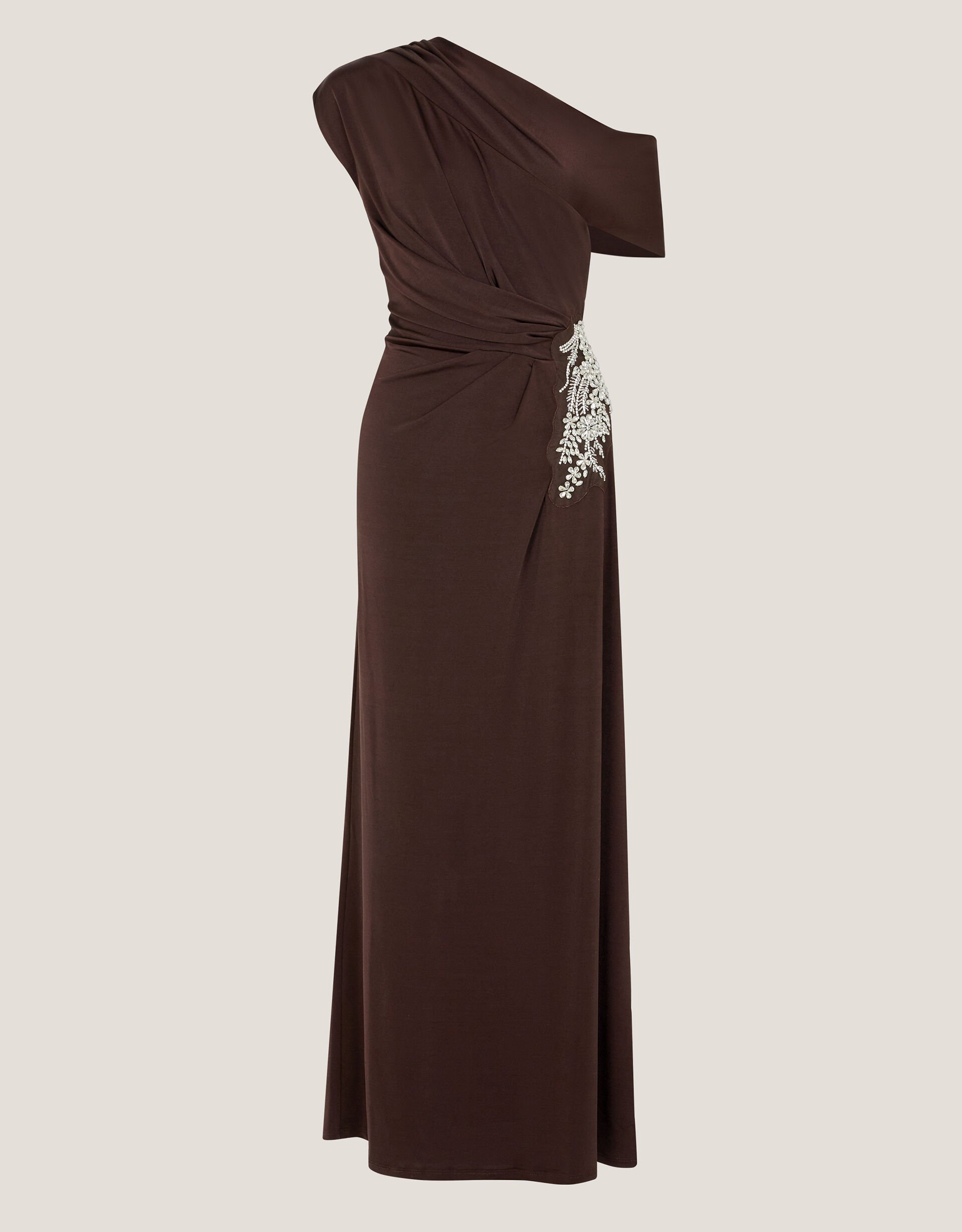 Trina Asymmetrical Embellished Jersey Maxi Dress, Brown (CHOCOLATE), large