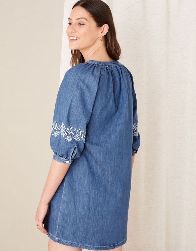 Floral Embroidered Denim Dress, Blue (DENIM BLUE), large