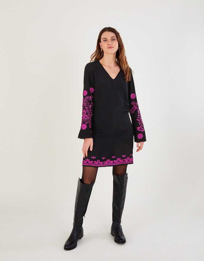 Christina Embroidered Tunic Dress, Black (BLACK), large
