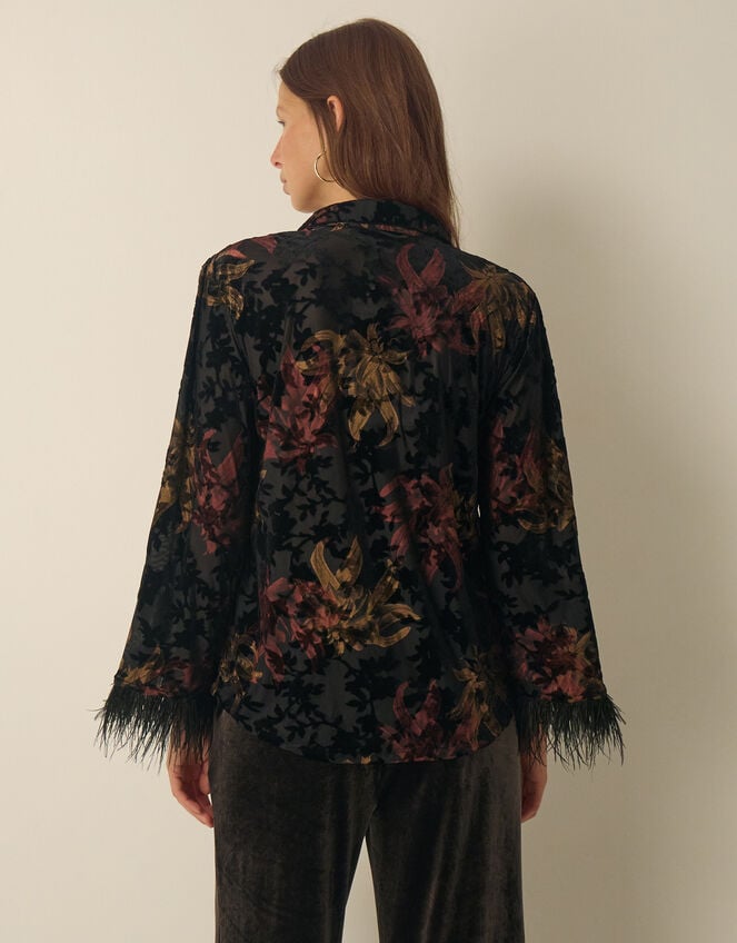 Dora Faux Feather Floral Devor&eacute; Shirt, Black (BLACK), large