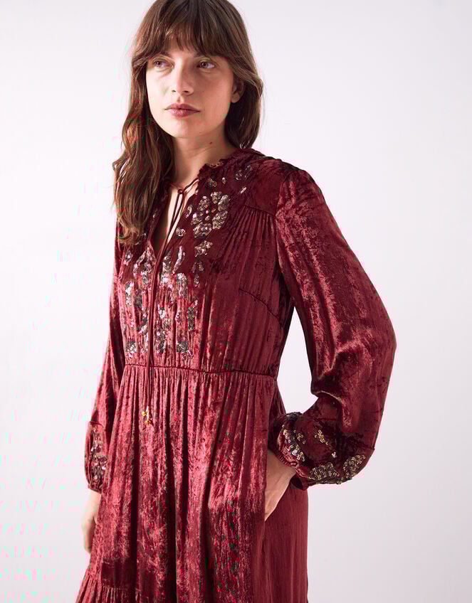 East Brogan Sequin Velvet Tiered Maxi Dress, Red (BERRY), large