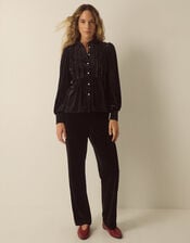 Ruby Long Sleeve Ruffle Velvet Top, Black (BLACK), large