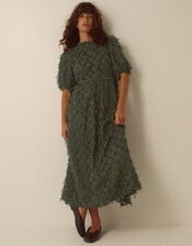 Felicity Short Sleeve Textured Fringe Midi Dress, Green (DARK GREEN), large