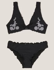 Embroidered Frill Bikini Set, Black (BLACK), large