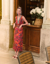 Leaf Print Crochet Trim Dress in Linen Blend, Red (RED), large