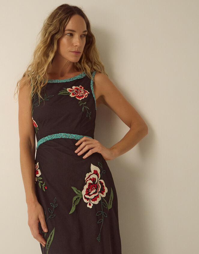 Luna Sleeveless Floral Embellished Mesh Midi Dress, Black (BLACK), large