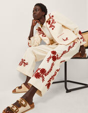 Emilia Floral Embroidered Pants, Ivory (IVORY), large