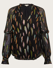 Fenna Sheer Feather Print Shirt, Black (BLACK), large