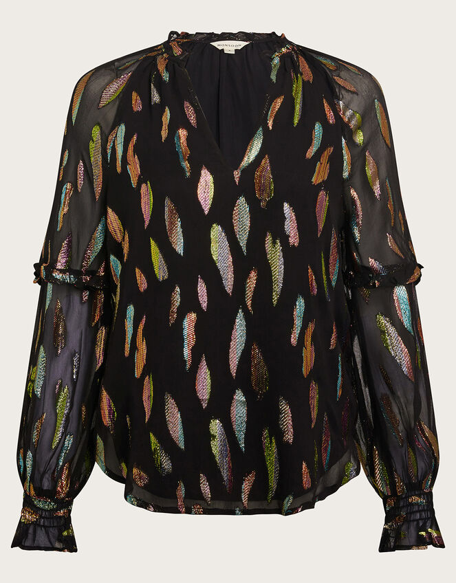 Fenna Sheer Feather Print Shirt, Black (BLACK), large
