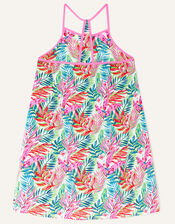 Palm Print A-Line Dress, White (WHITE), large