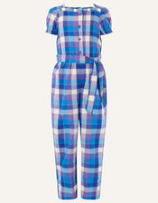 Check Print Puff Sleeve Jumpsuit, Blue (BLUE), large