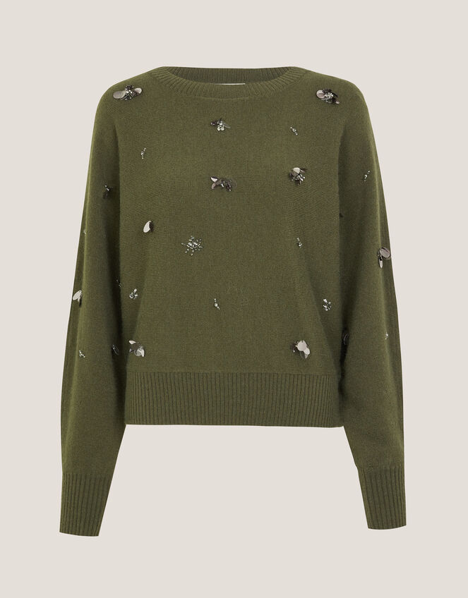 Sable Sequin Embellished Sweater, Green (KHAKI), large