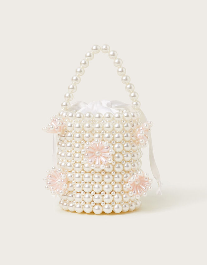 Pearl Beaded Flower Bucket Bag, , large