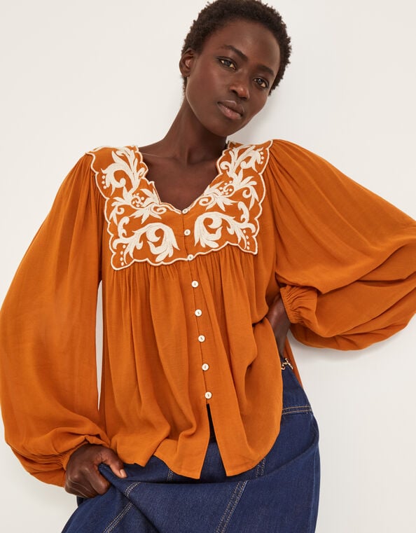 Jenna Embroidered Blouson Blouse, Copper (COPPER), large