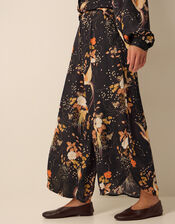 Clemence Seraphine Floral Print Satin Wide Leg Trousers, Black (BLACK), large