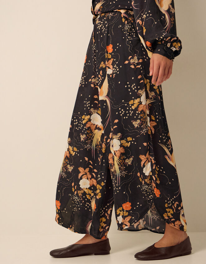 Clemence Seraphine Floral Print Satin Wide Leg Trousers, Black (BLACK), large
