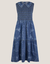 Cecily Floral Smocked Denim Midi Dress, Blue (DENIM BLUE), large