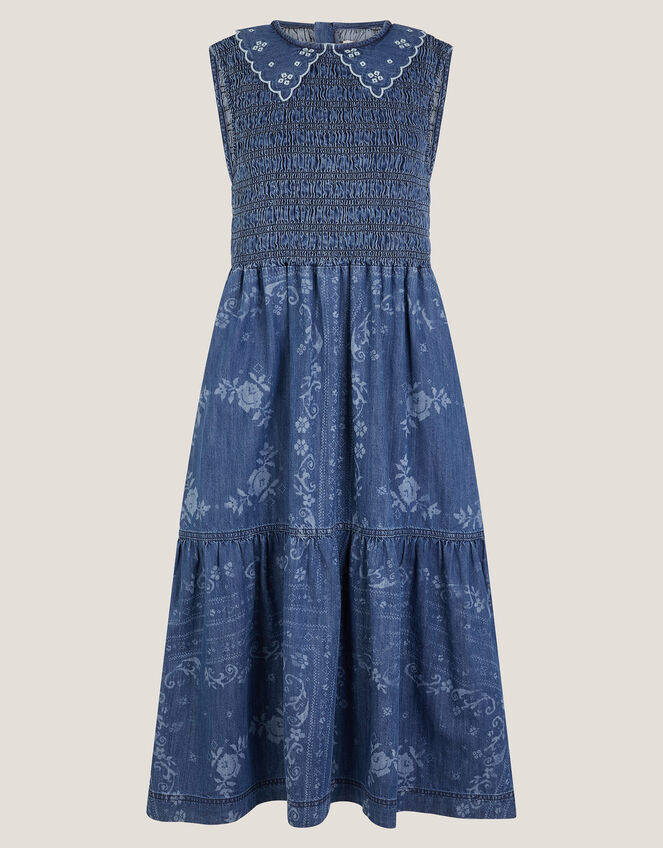 Cecily Floral Smocked Denim Midi Dress, Blue (DENIM BLUE), large