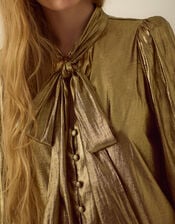 Monsoon x Queens of Archive Debbie Tie Neck Metallic Blouson Blouse​, Gold (GOLD), large