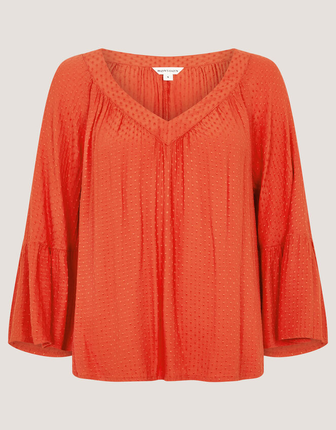 Kallie Flute Sleeve Dobby Blouse, Orange (ORANGE), large