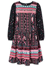 Horse Print Long Sleeve Dress, Black (BLACK), large