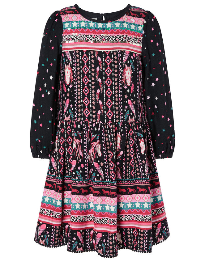Horse Print Long Sleeve Dress, Black (BLACK), large