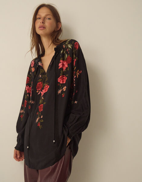 Camille V-Neck Floral Print Blouse, Black (BLACK), large