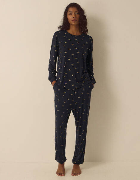 Betsy Foil Bow Jersey Long Pyjamas Set, Blue (NAVY), large