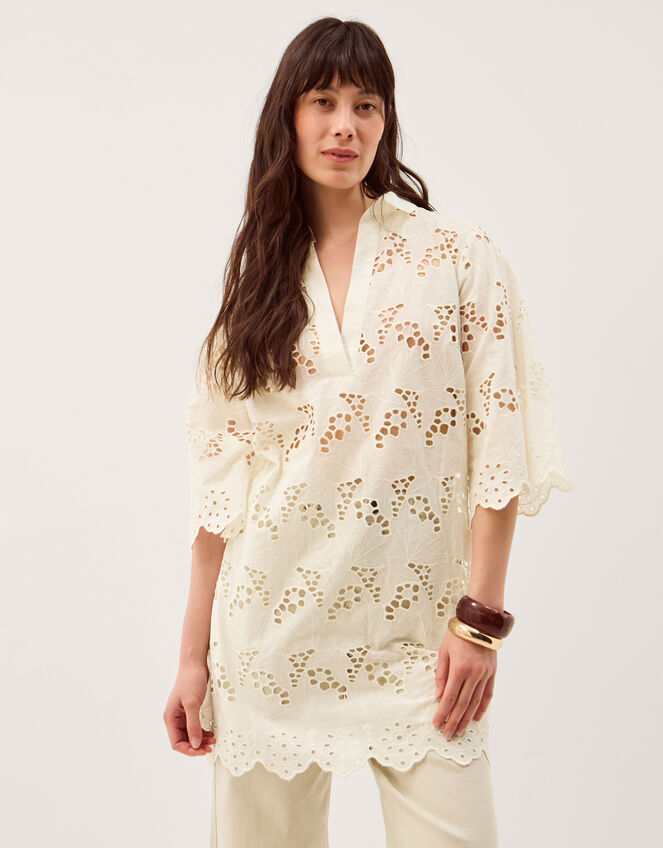 Selena Floral Embroidered Tunic Shirt, Cream (CREAM), large