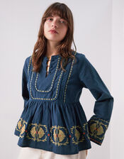 East Katie Embroidered Peplum Blouse, Teal (TEAL), large