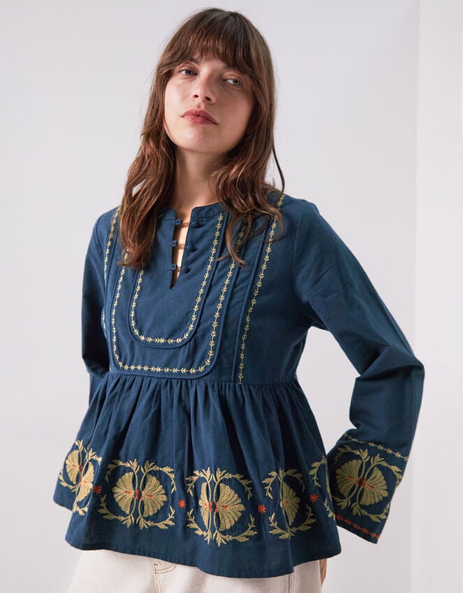 East Katie Embroidered Peplum Blouse, Teal (TEAL), large