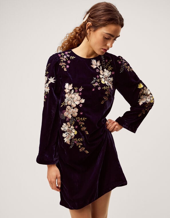 Fallon Floral Embroidered Velvet Mini Dress, Blue (NAVY), large