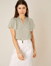 Daisy Print Short Sleeve Blouse, Green (GREEN), large