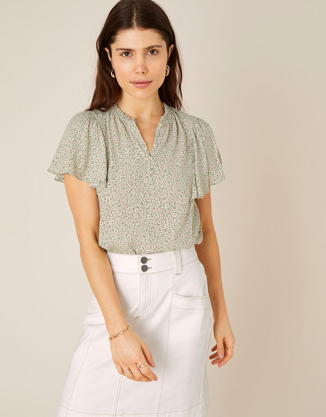 Daisy Print Short Sleeve Blouse, Green (GREEN), large