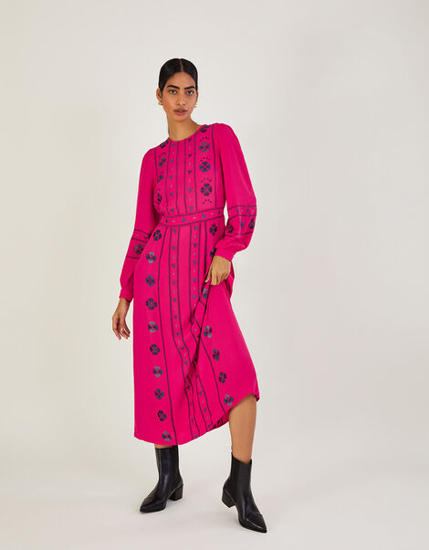 Elliana Embroidered Midi Dress in Sustainable Viscose Pink, Pink (PINK), large