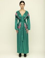 Tallulah & Hope Aziza Long Embroidered Wrap Dress, Green (GREEN), large