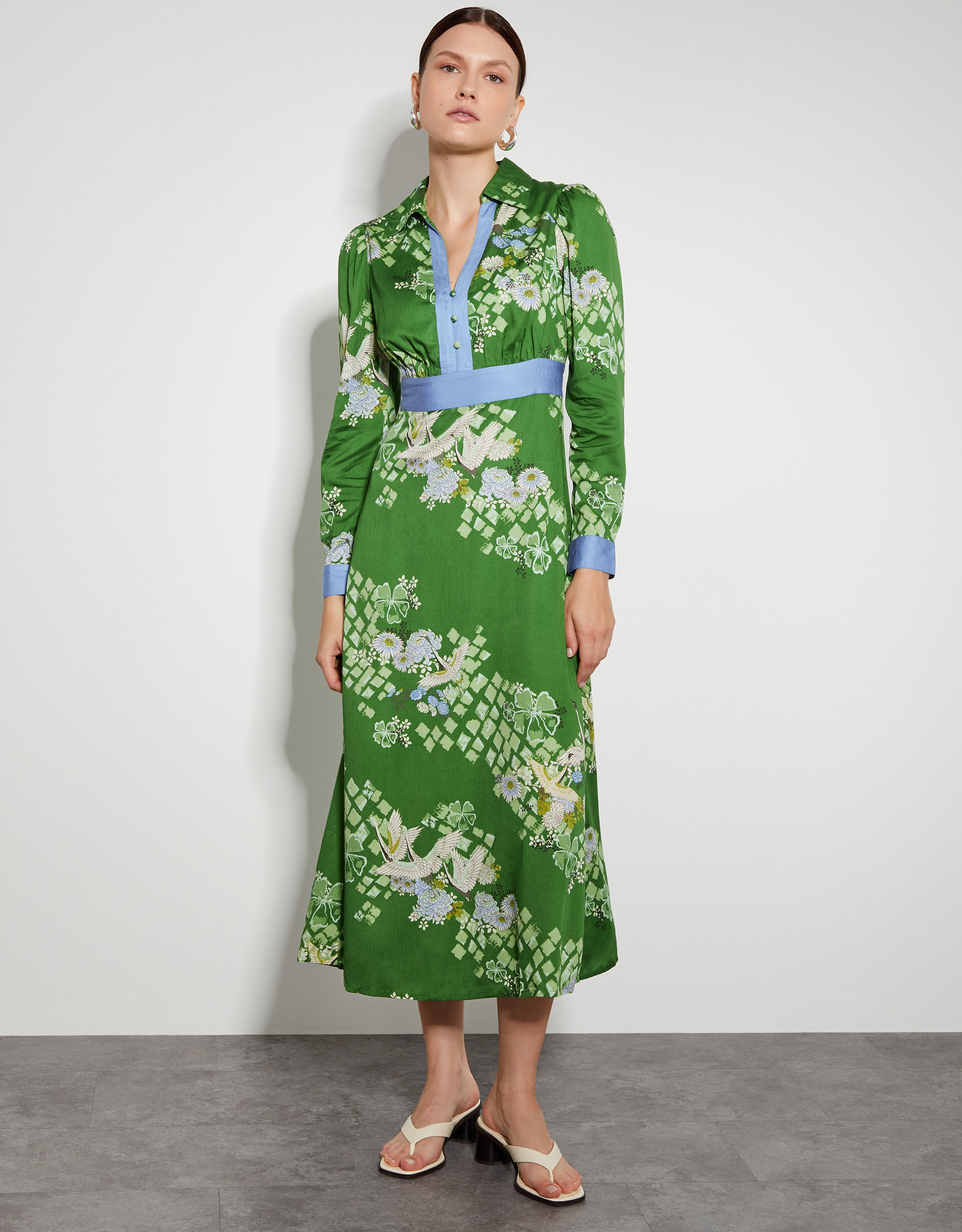 Jennifer Long Sleeve Floral Print Midi Dress Green
