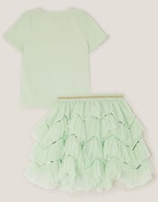 Embellished T-Shirt & Ruffle Skirt Set, Green (GREEN), large