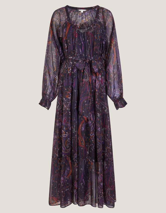 Marianna Paisley Print Tiered Midi Dress, Purple (PURPLE), large