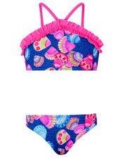 Shell Print Frill Bikini Set, Blue (NAVY), large