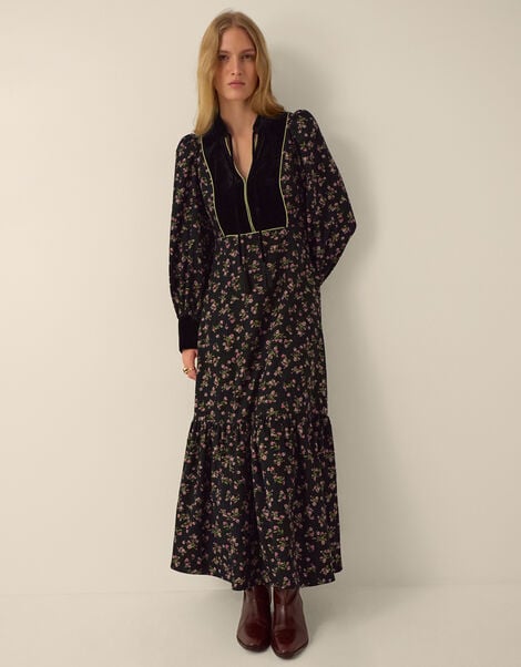 Monsoon x Queens of Archive Lola Velvet Bib Floral Corduroy Maxi Dress​, Black (BLACK), large