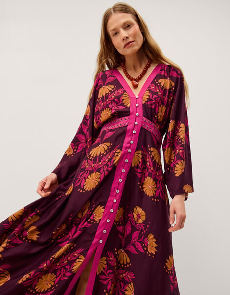 Koa Long Sleeve Floral Midi Dress, Red (BERRY), large